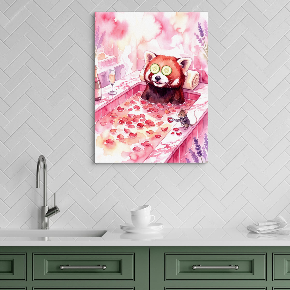 Red Panda's Spa Day — red panda's spa day sq green kitchen 1port flush print