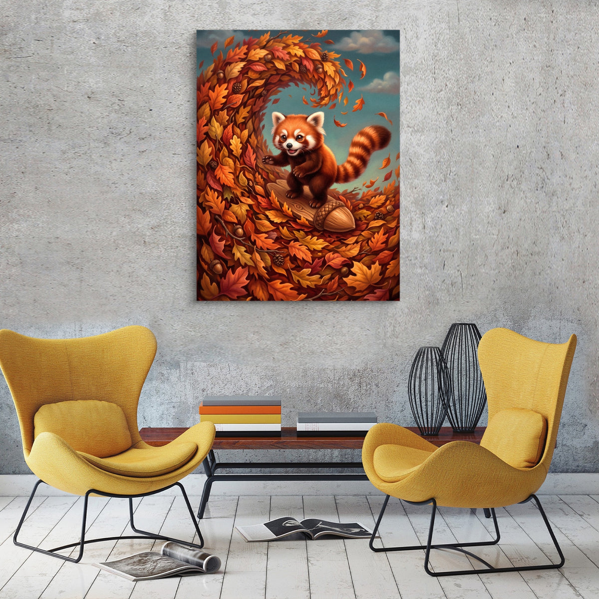 Red Panda Surfs Autumn — red panda surfs autumn sq red chairs 1port flush print