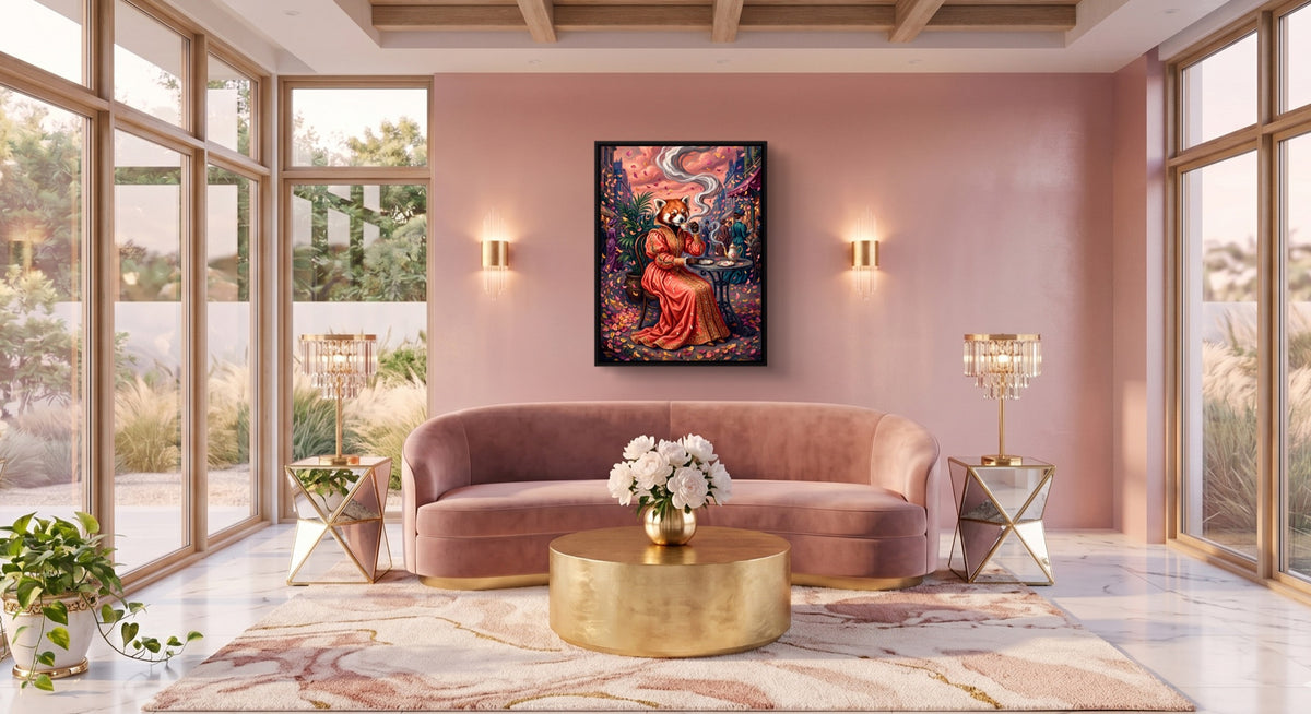 Red Panda Tea Time — red panda tea time pink living room 1port framed black