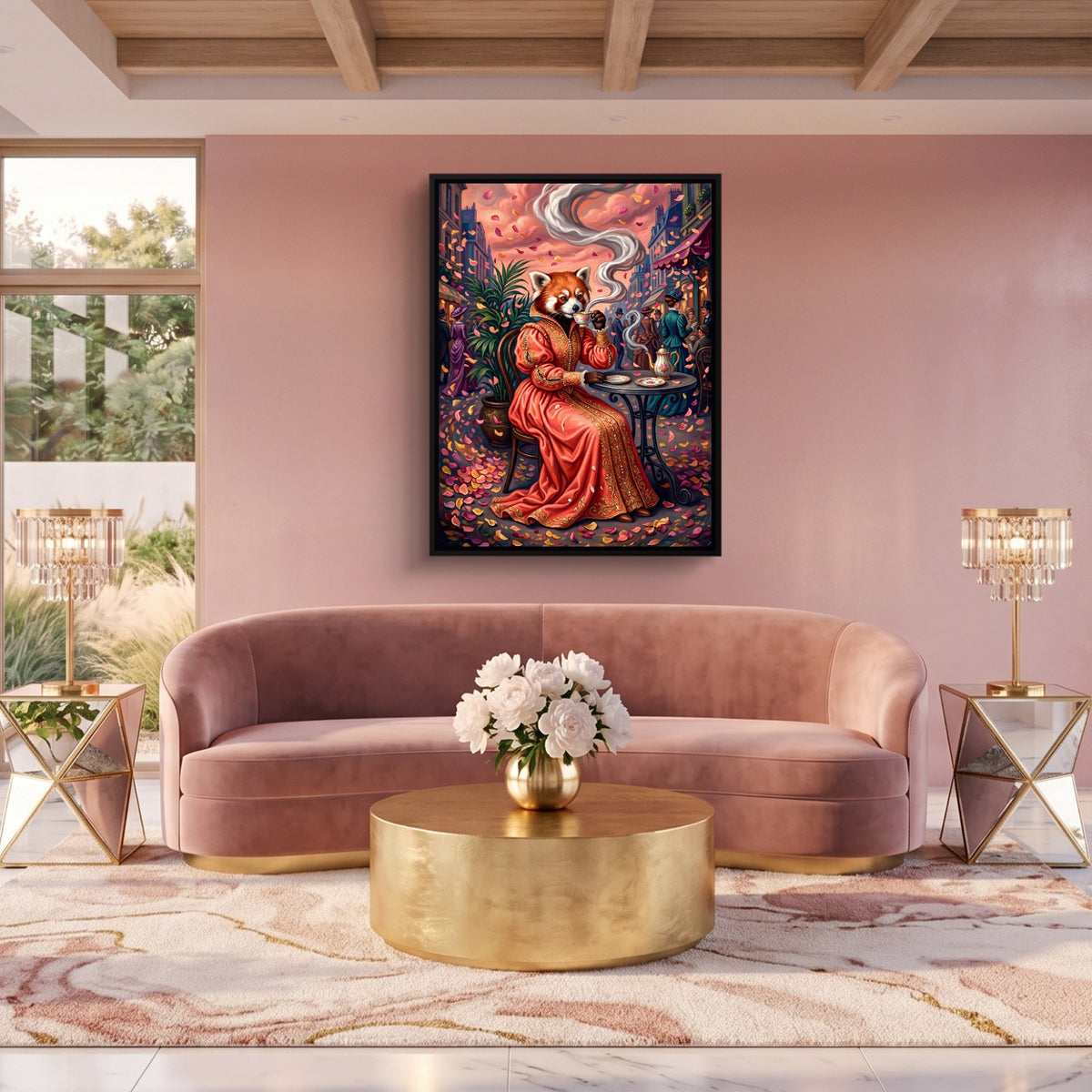 Red Panda Tea Time — red panda tea time sq pink pleasure 1port framed black