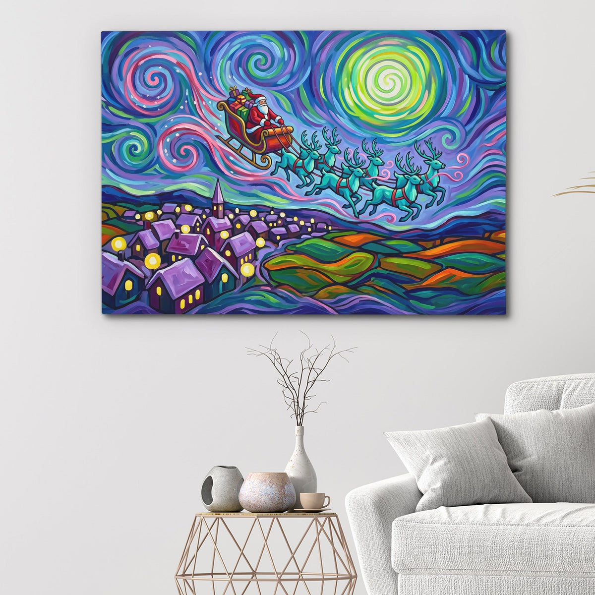 Reindeer Swirling Sky canvas wall art, room view