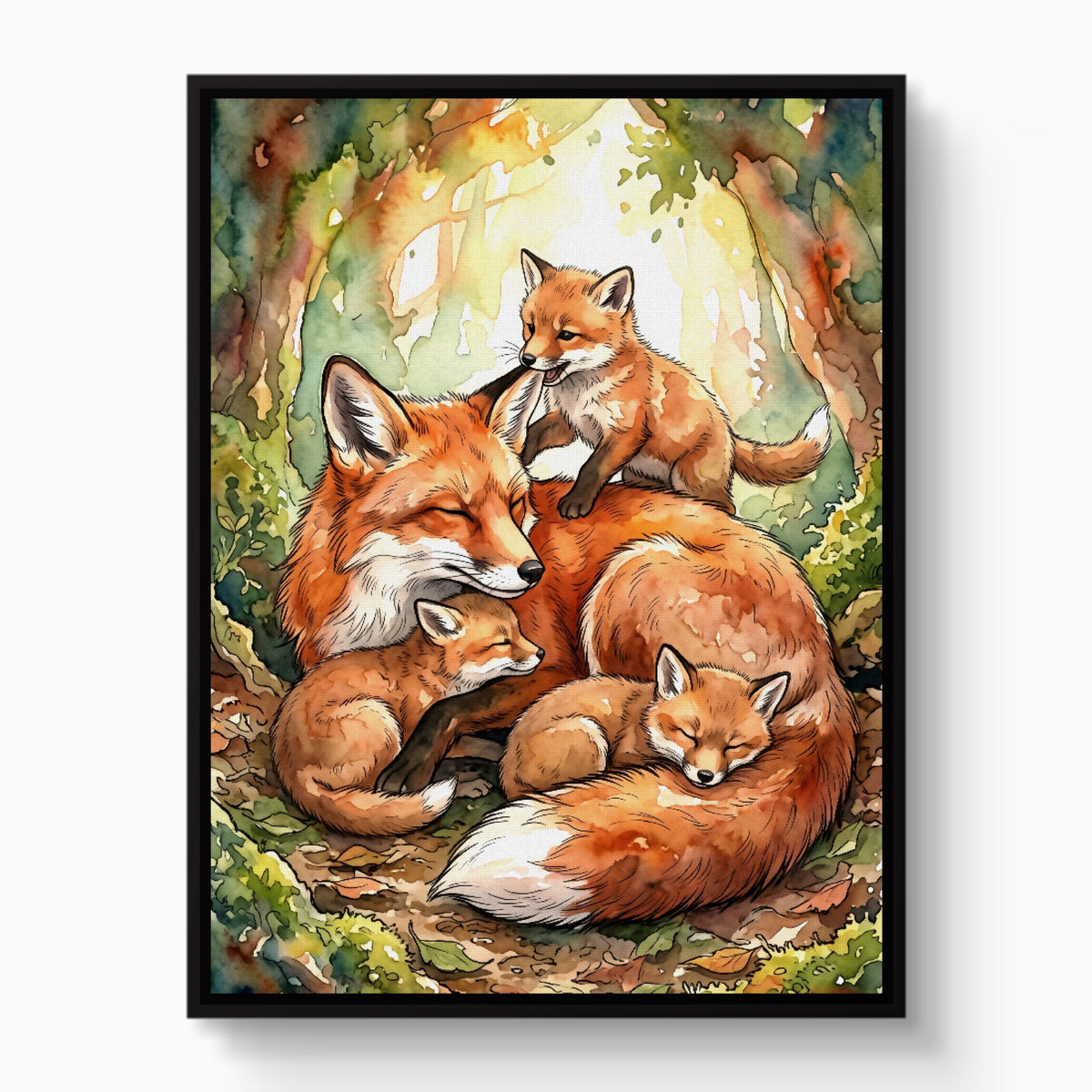 Resting Fox Family — resting fox family white studio framed black
