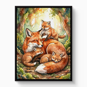 Resting Fox Family — resting fox family white studio framed black