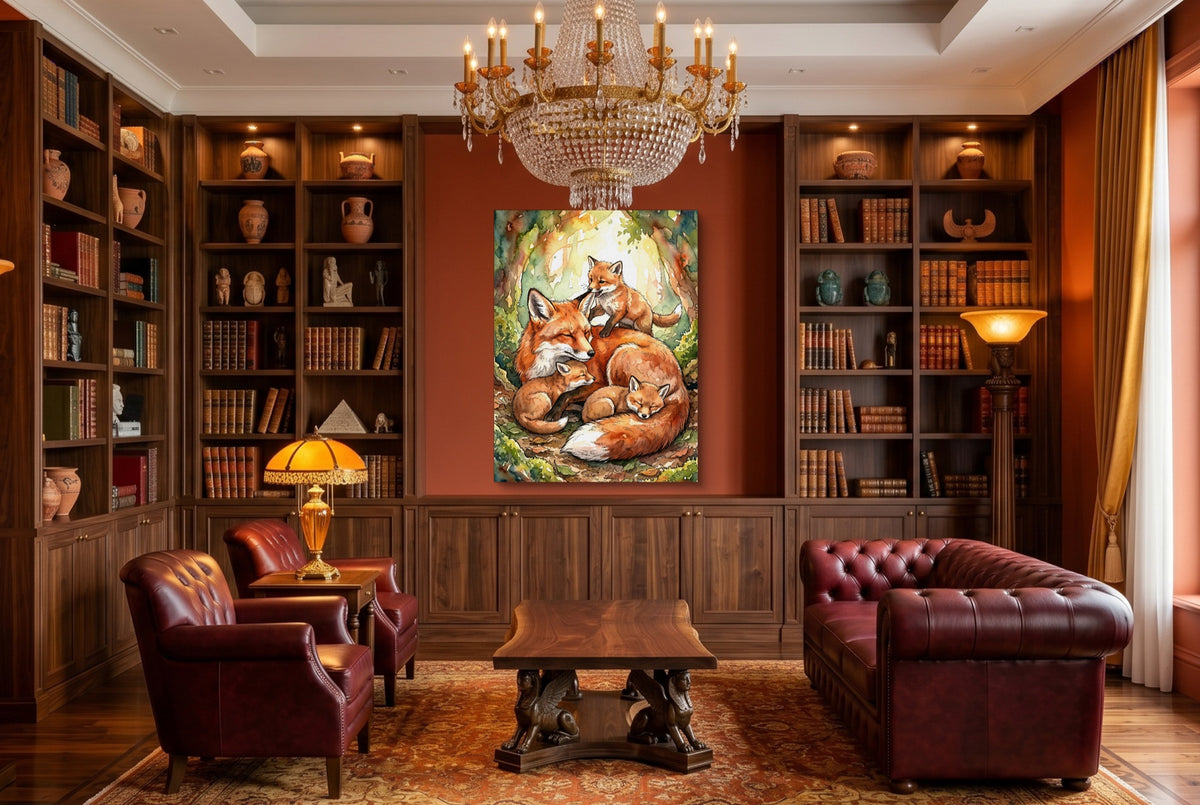Resting Fox Family — resting fox family living room interior 2 1port flush print
