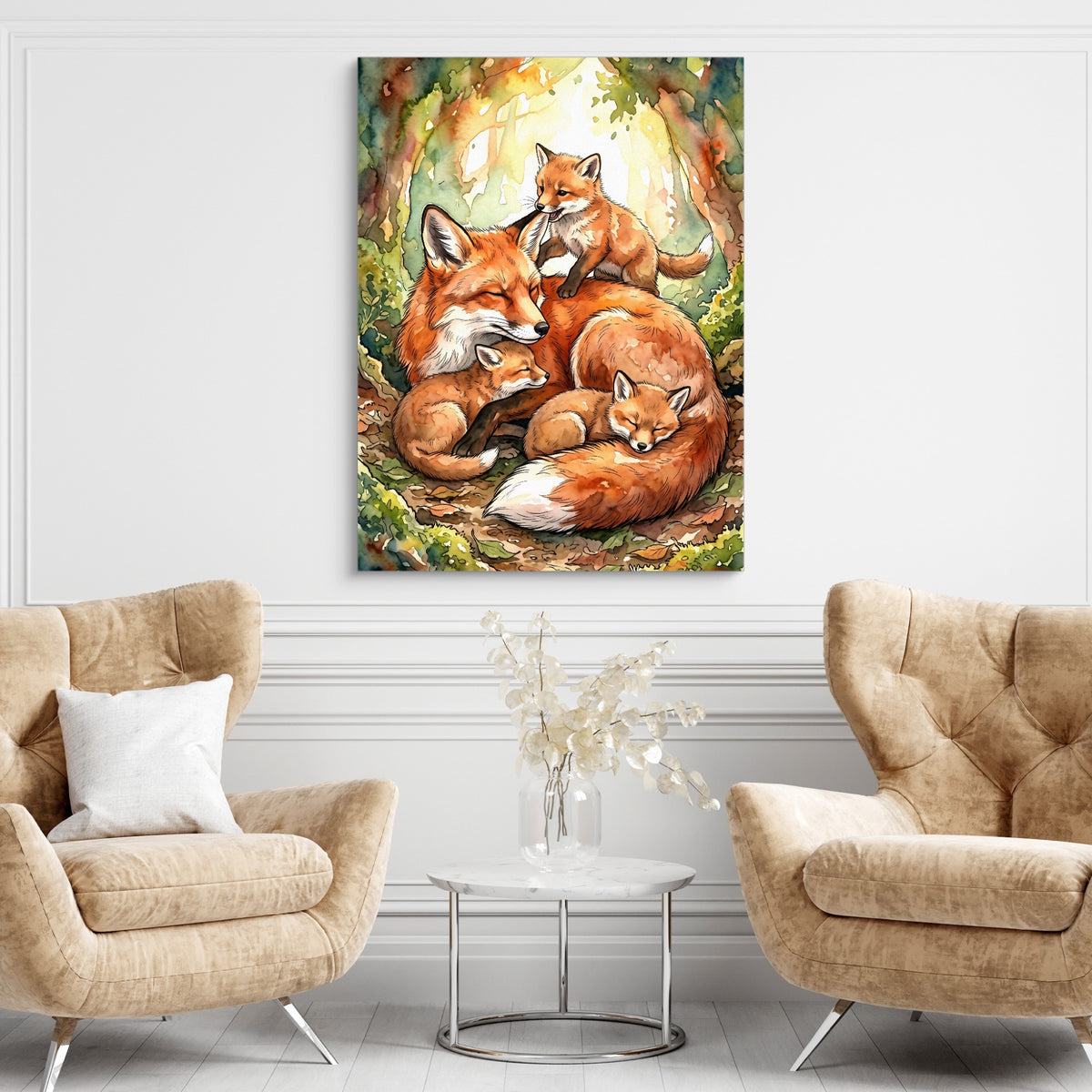 Resting Fox Family — resting fox family sq brown chairs 1port flush print