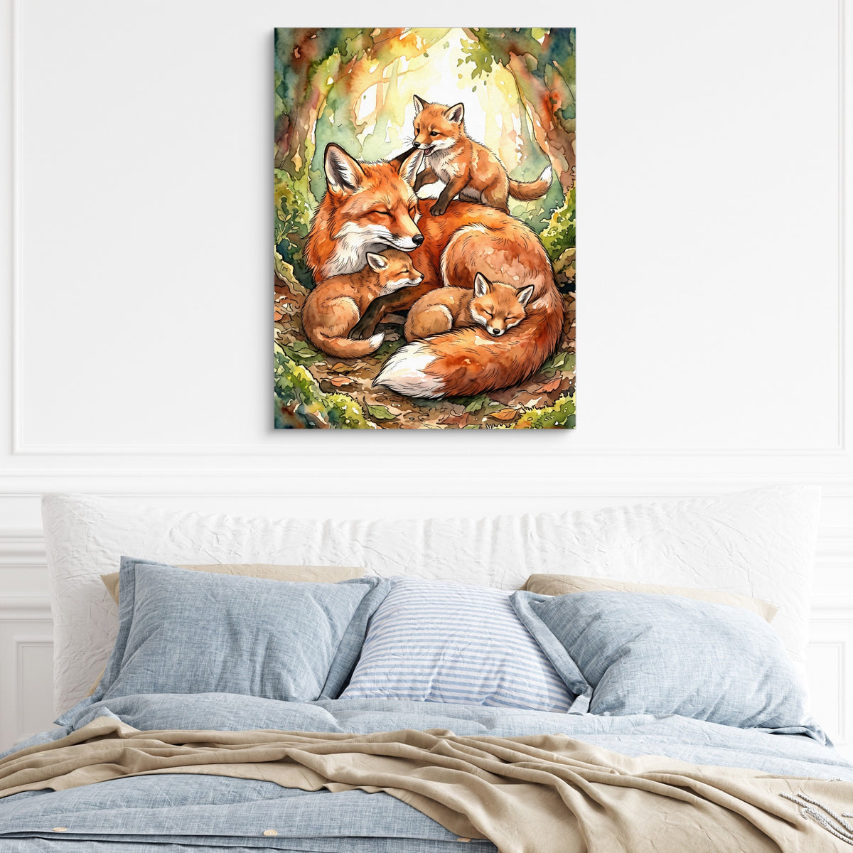 Resting Fox Family — resting fox family sq light blue bed 1port flush print