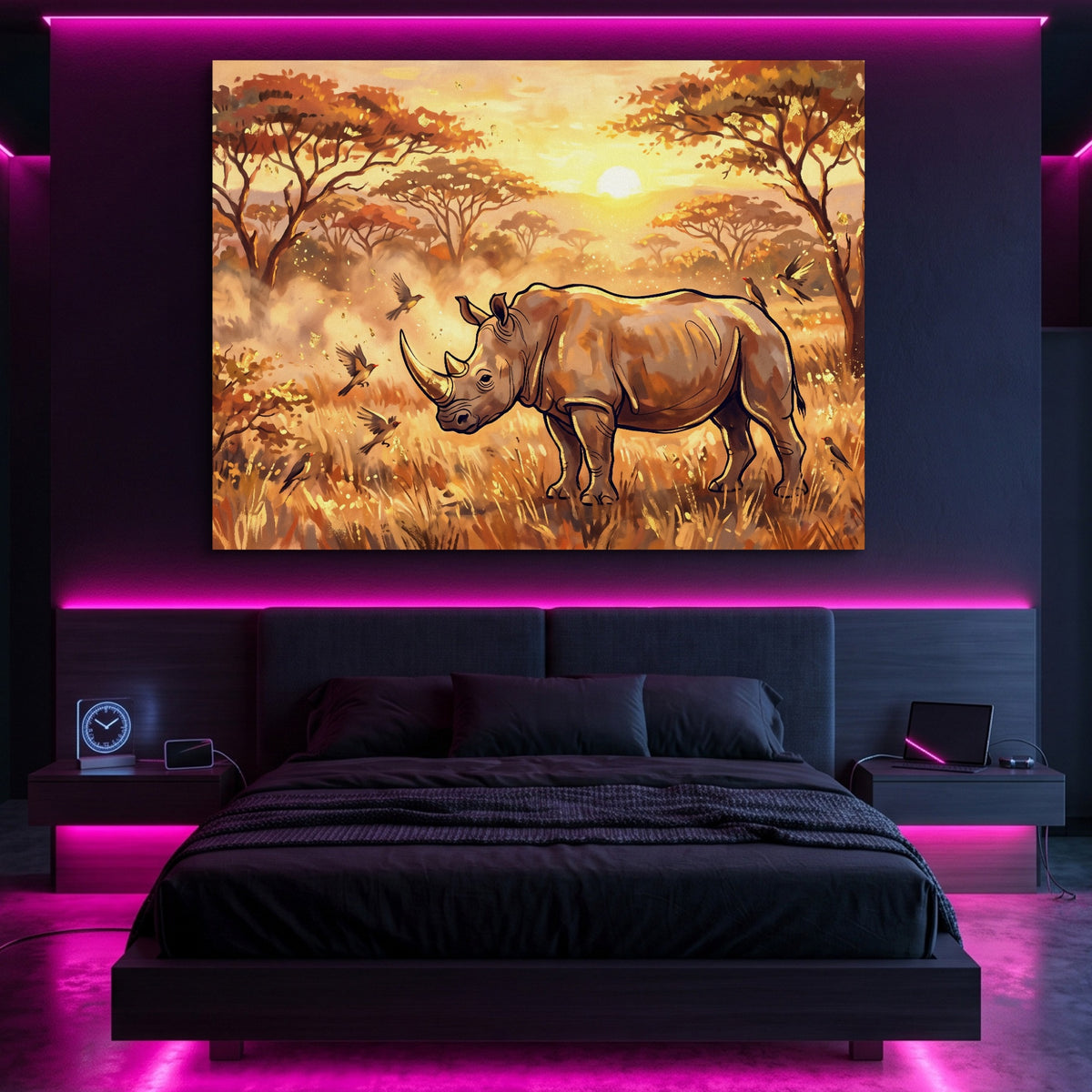 Rhino Savannah Sunset — rhino savannah sunset sq pink neon room portv2 1land flush print