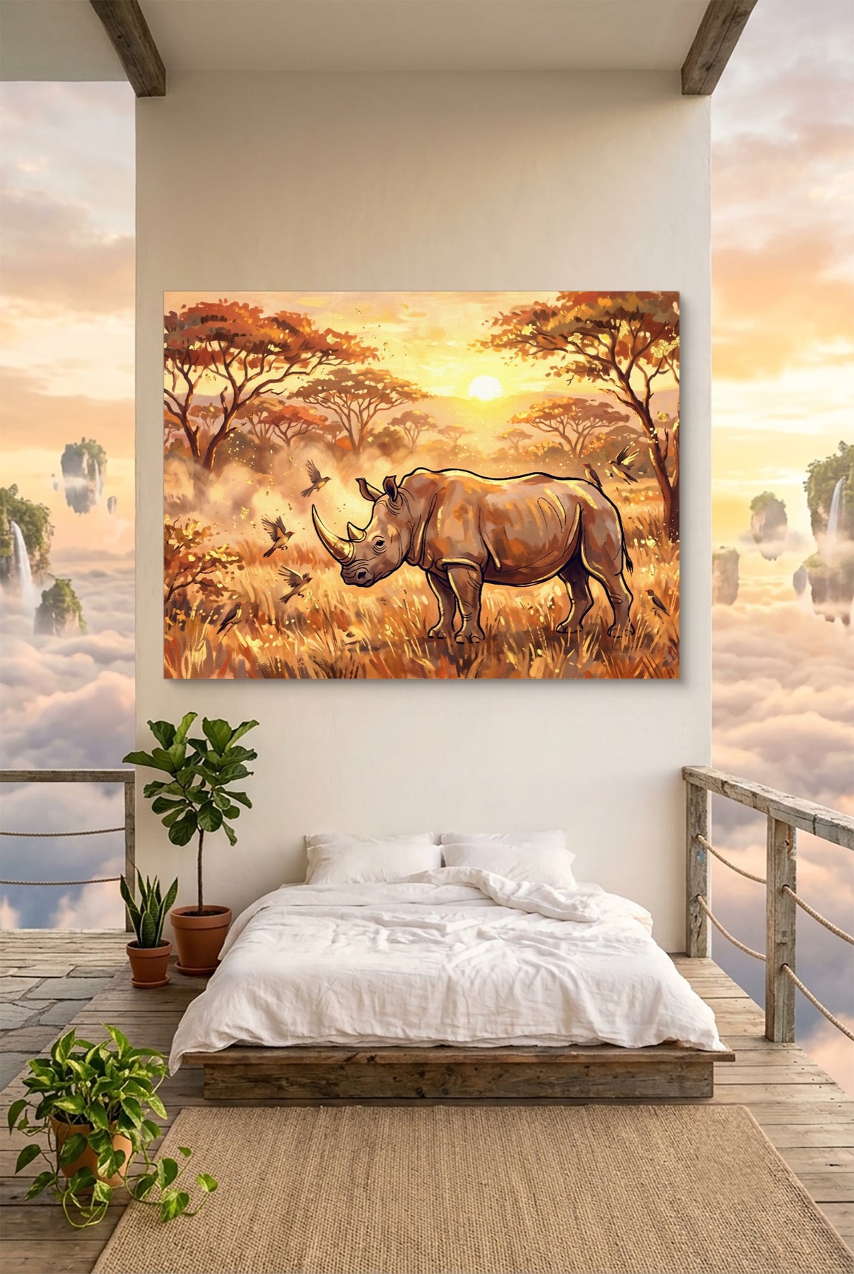 Rhino Savannah Sunset — rhino savannah sunset p bedroom with view 1land flush print