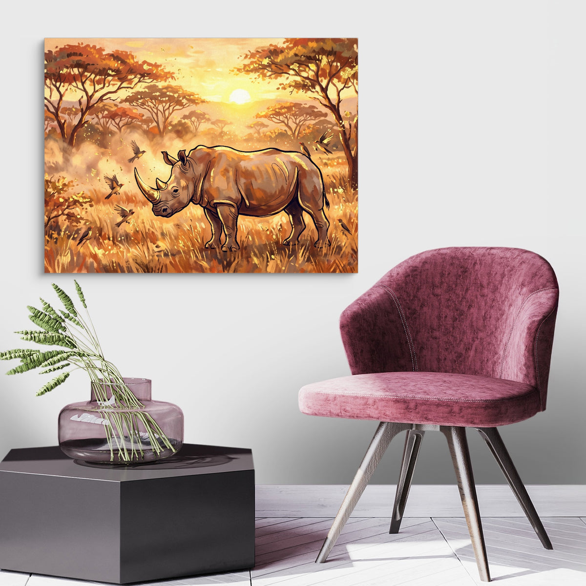 Rhino Savannah Sunset — rhino savannah sunset sq land purple chair 1land flush print