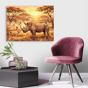 Rhino Savannah Sunset — rhino savannah sunset sq land purple chair 1land flush print
