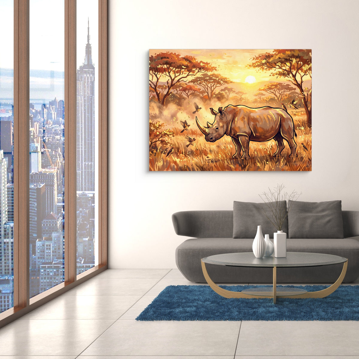 Rhino Savannah Sunset — rhino savannah sunset sq nyc views 1land flush print