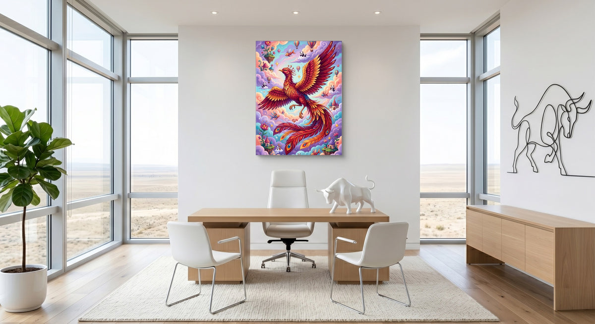 Rising Phoenix Pop Surreal — rising phoenix pop surreal office space with furniture 1port flush print