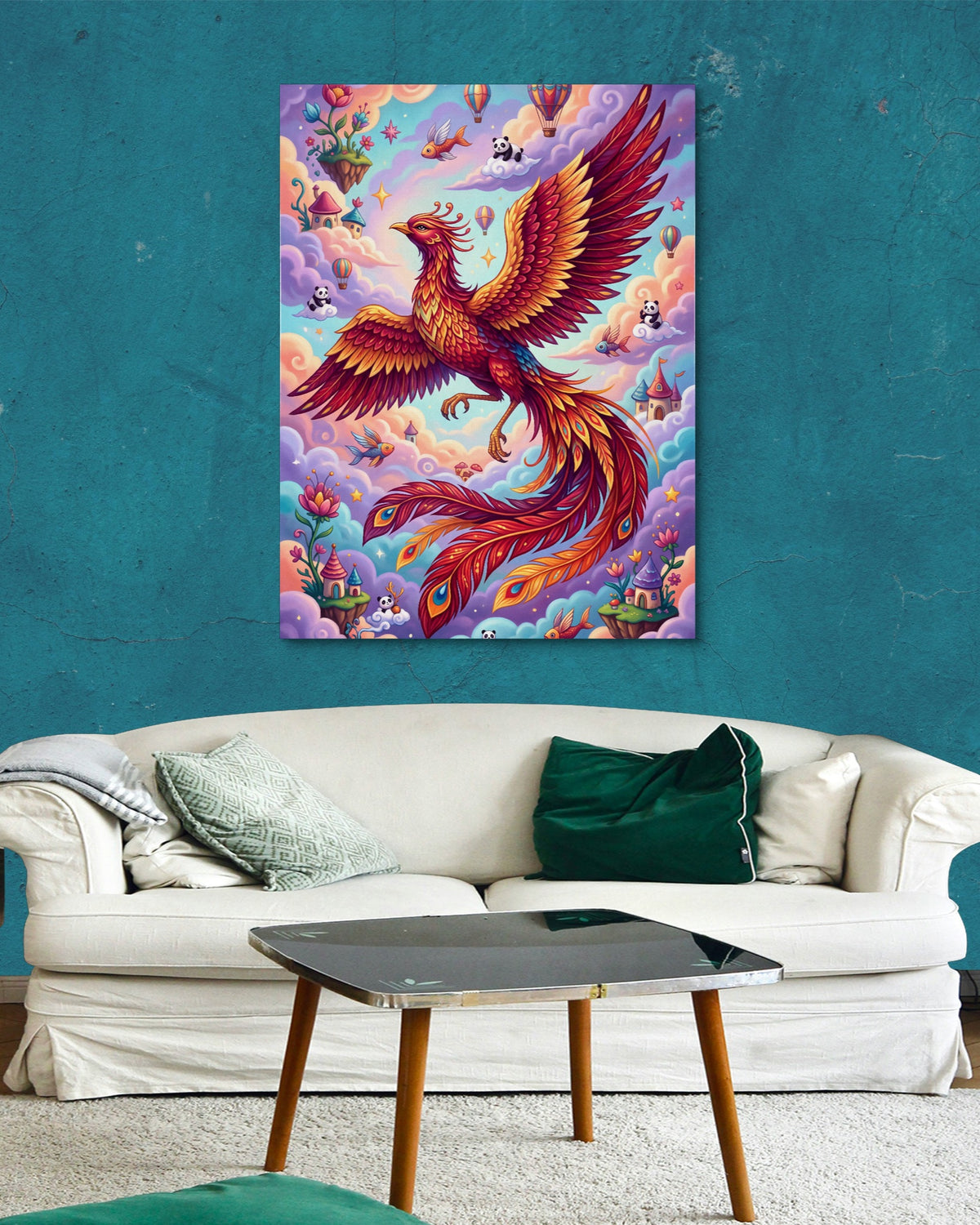 Rising Phoenix Pop Surreal — rising phoenix pop surreal psd aqua wall white couch 1port flush print