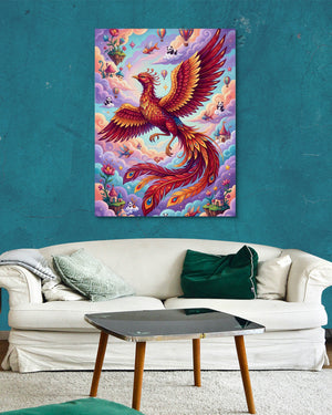 Rising Phoenix Pop Surreal — rising phoenix pop surreal psd aqua wall white couch 1port flush print