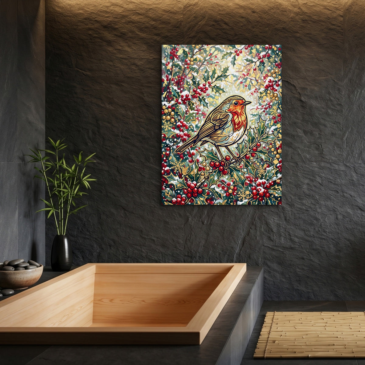 Robin Winter Berries — robin winter berries sq bamboo bathroom 1port flush print