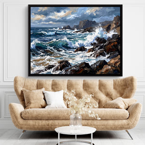 Rocky Coastline Waves — rocky coastline waves sq brown living room 1land framed black
