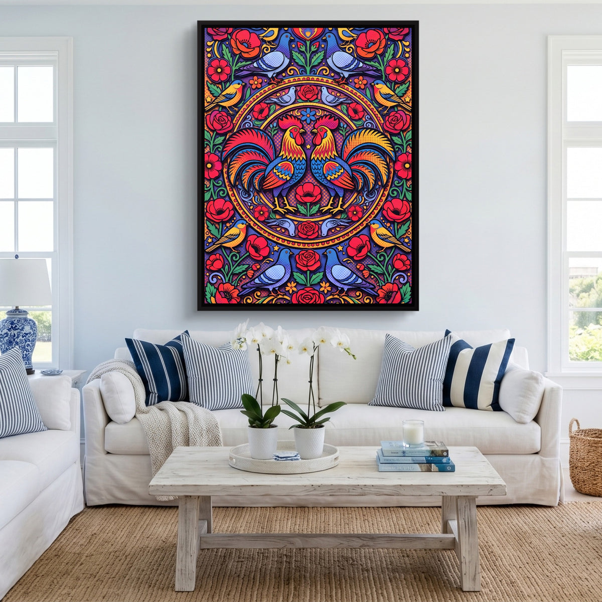 Roosters Garden Mandala — roosters garden mandala sq cute livingroom 1port framed black