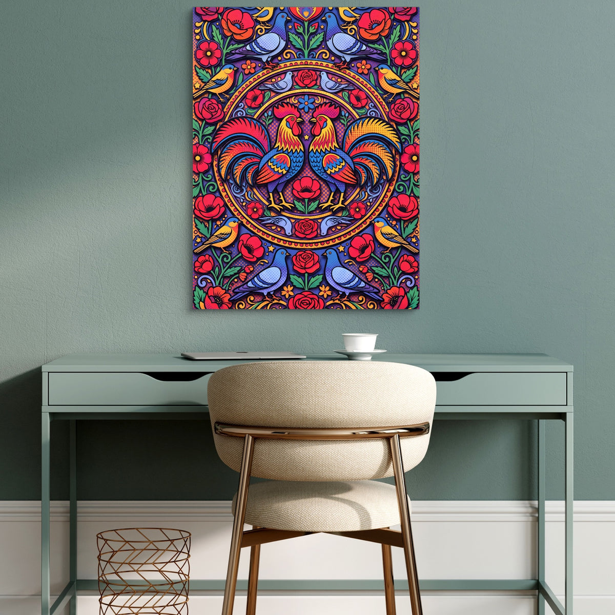 Roosters Garden Mandala — roosters garden mandala sq green desk 1port flush print