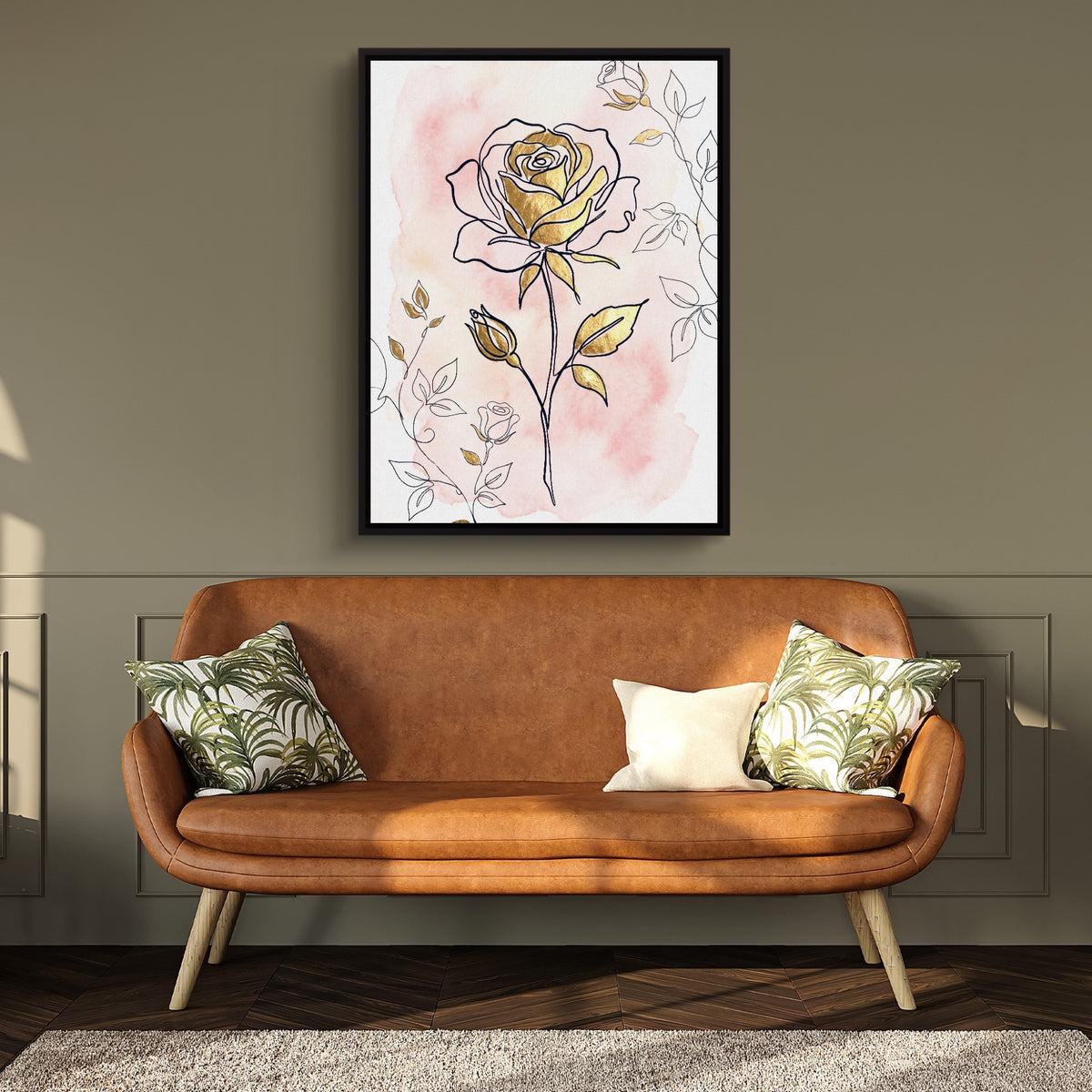 Rose Golden Watercolor — rose golden watercolor sq hallway bench green 1port framed black