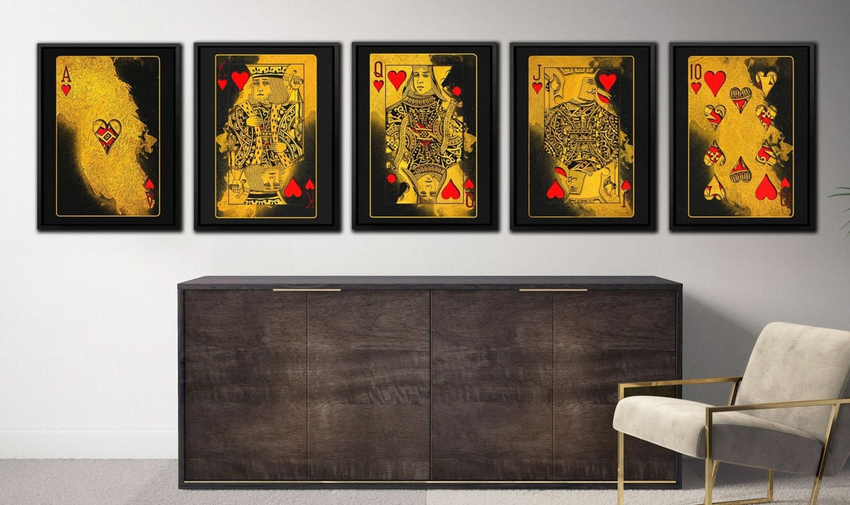 Royal Flush Hearts - Black Canvas Wall Art