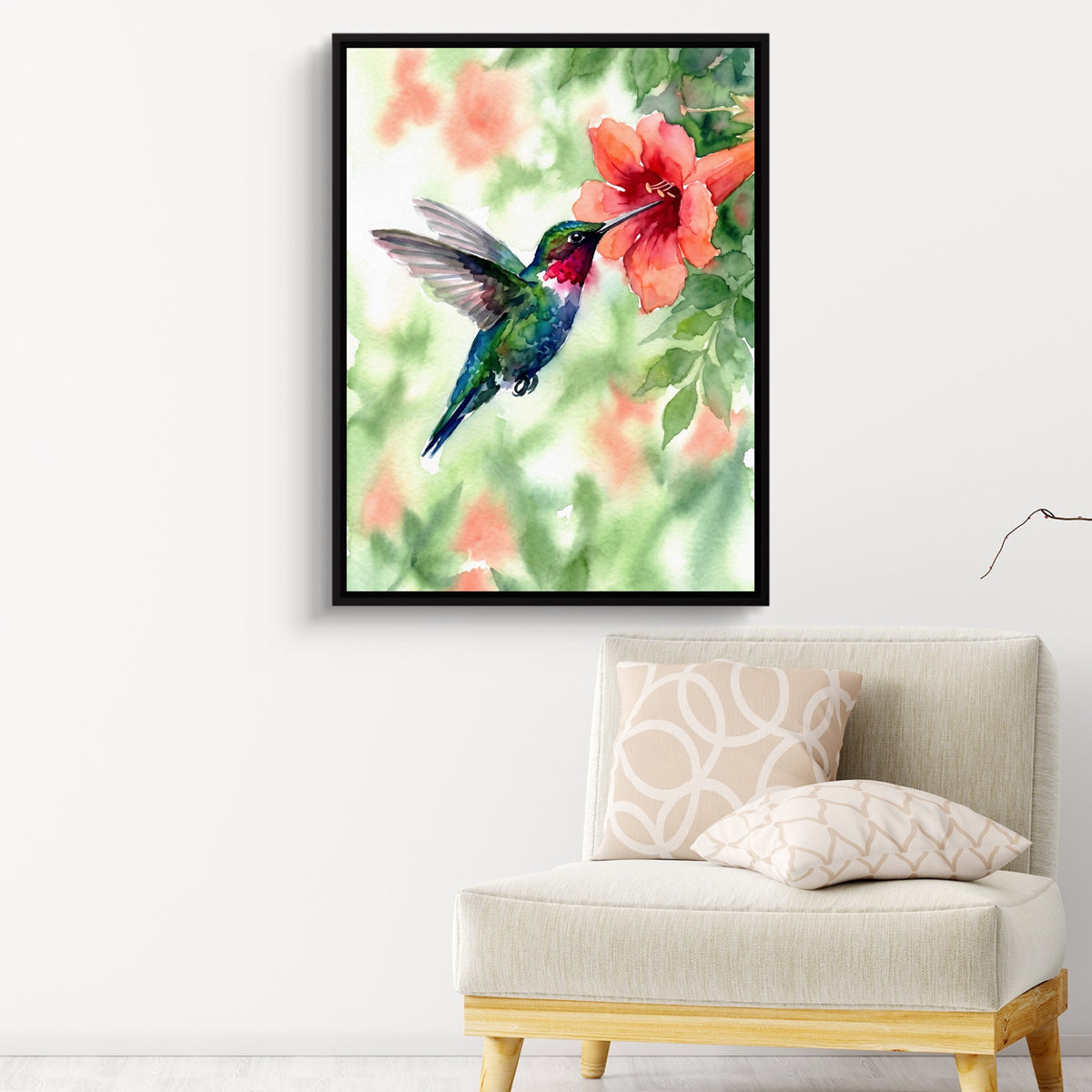 Ruby-Throat's Pause — ruby throat's pause sq pink chair wall 1port framed black