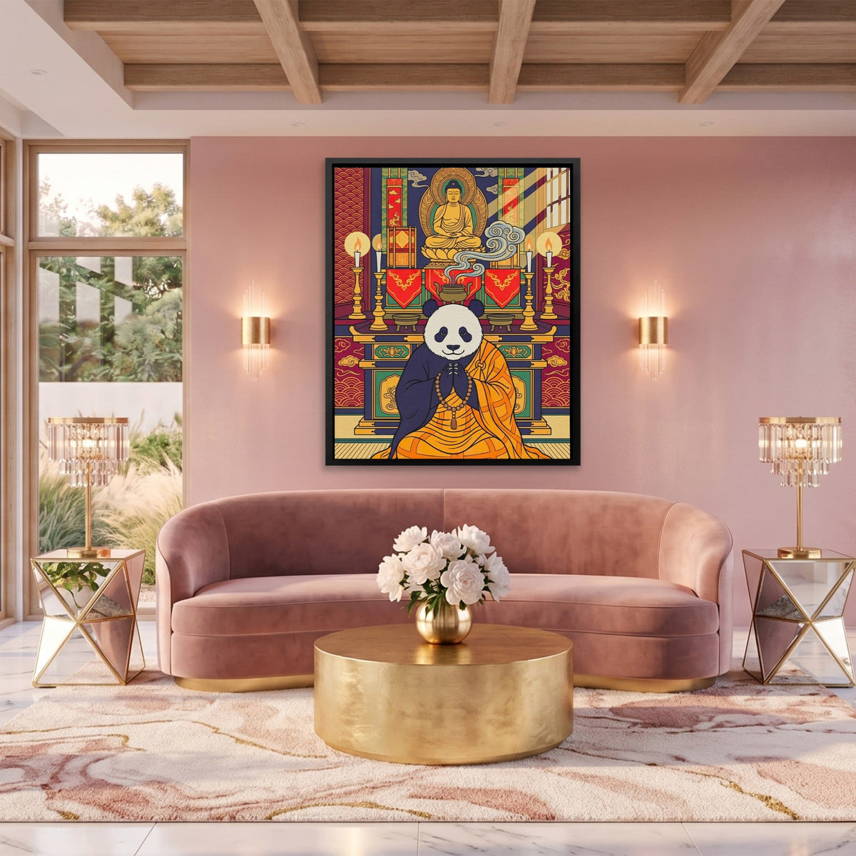 Sacred Praying Panda canvas wall art, room view