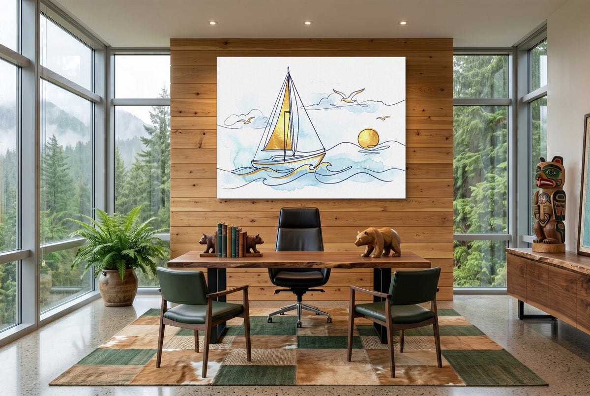 Sailboat Golden Sunrise — sailboat golden sunrise office with wooden desk 1land flush print