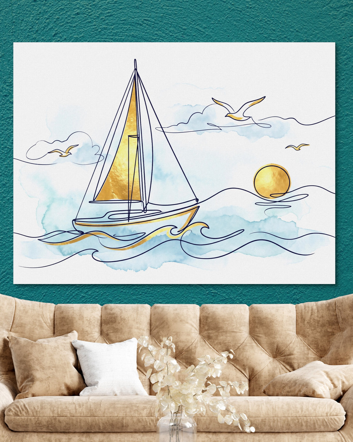 Sailboat Golden Sunrise — sailboat golden sunrise psd teal wall tan couch 1land flush print