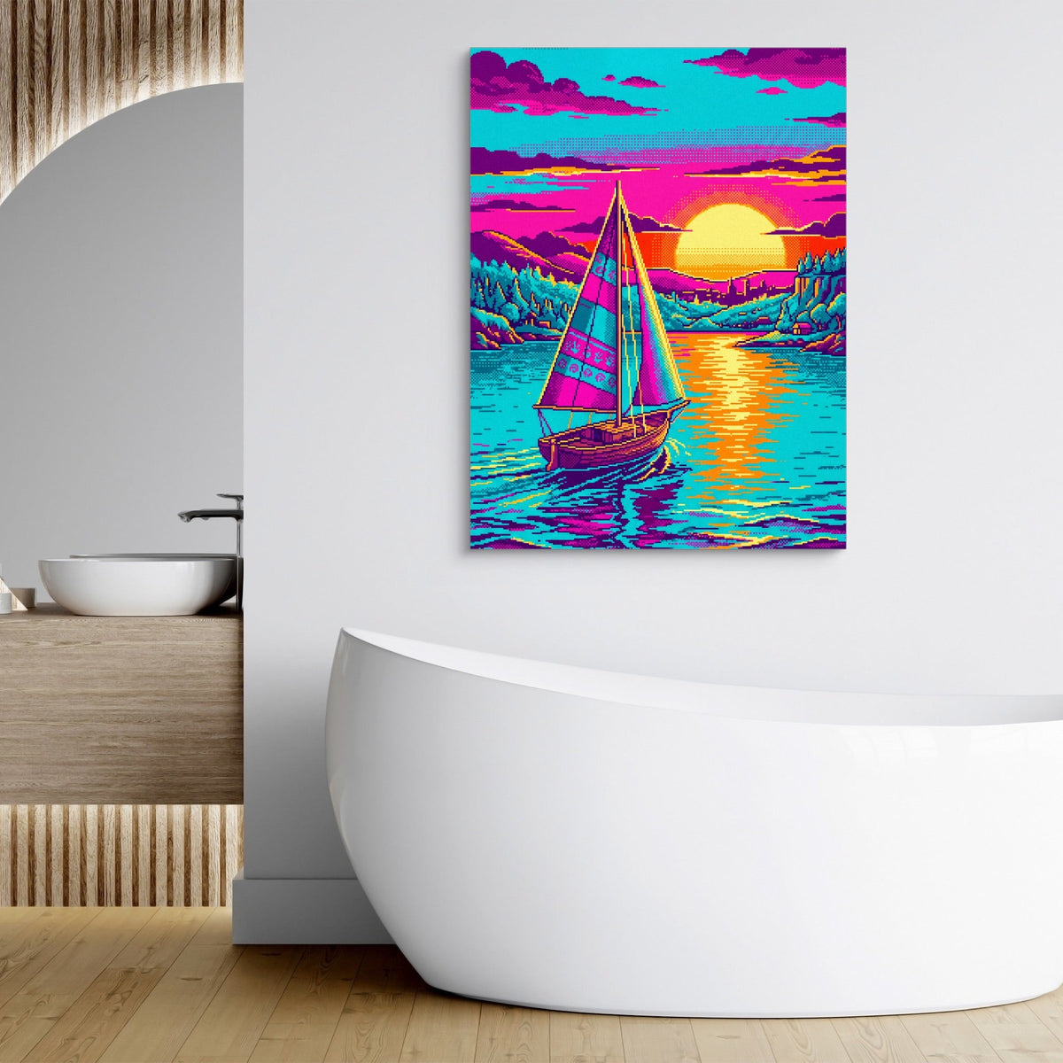 Sailboat On Calm Pixel Art - Luxury Wall Art