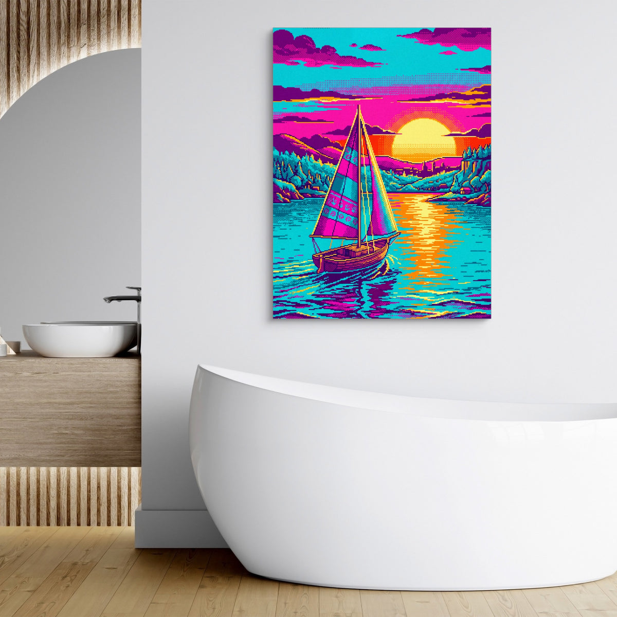 Sailboat On Calm Pixel Art — sailboat on calm pixel art sq bathroom hotel 1port flush print