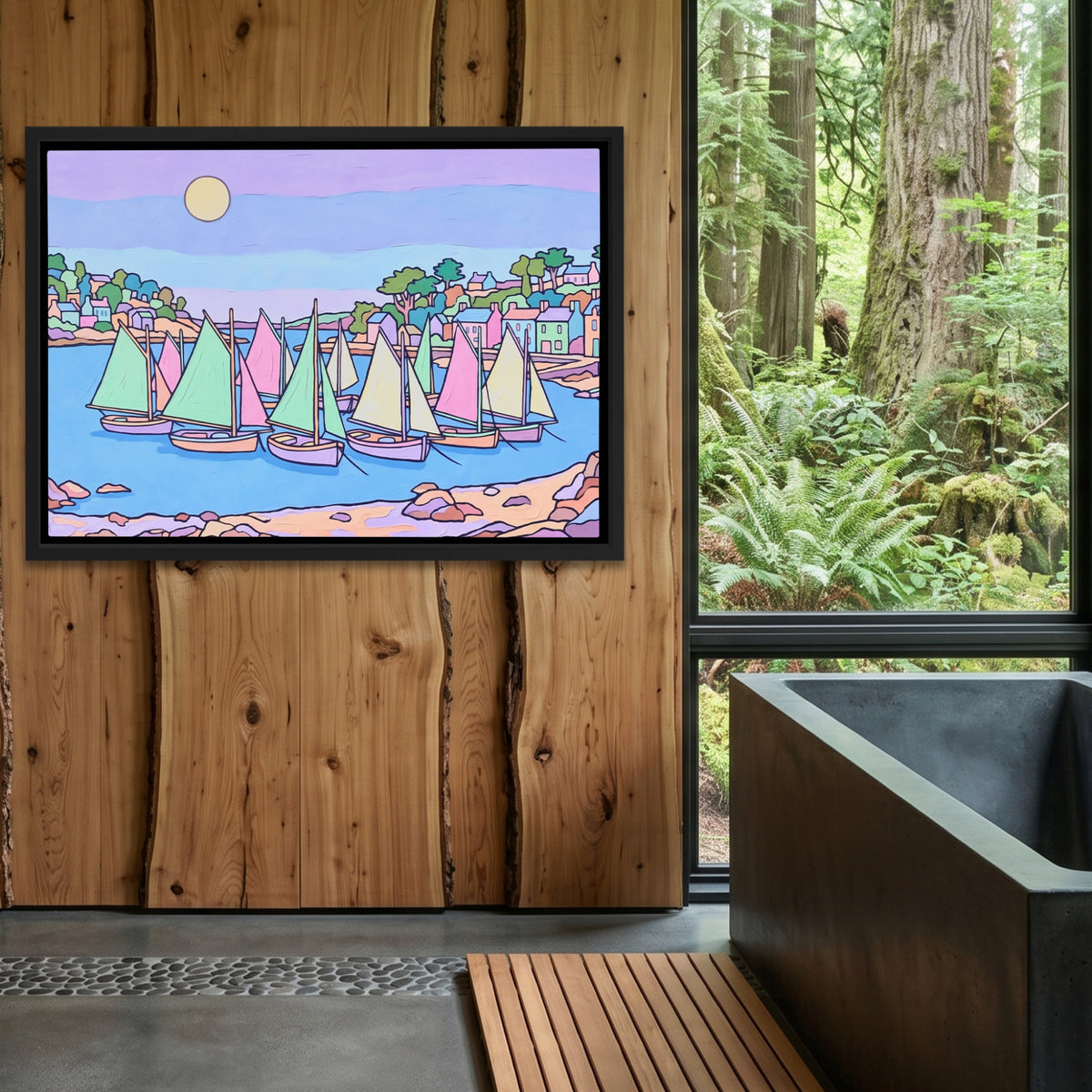 Sailboats Pastel Harbor — Sailboats Pastel Harbor Outdoor Bathroom Log Land 205