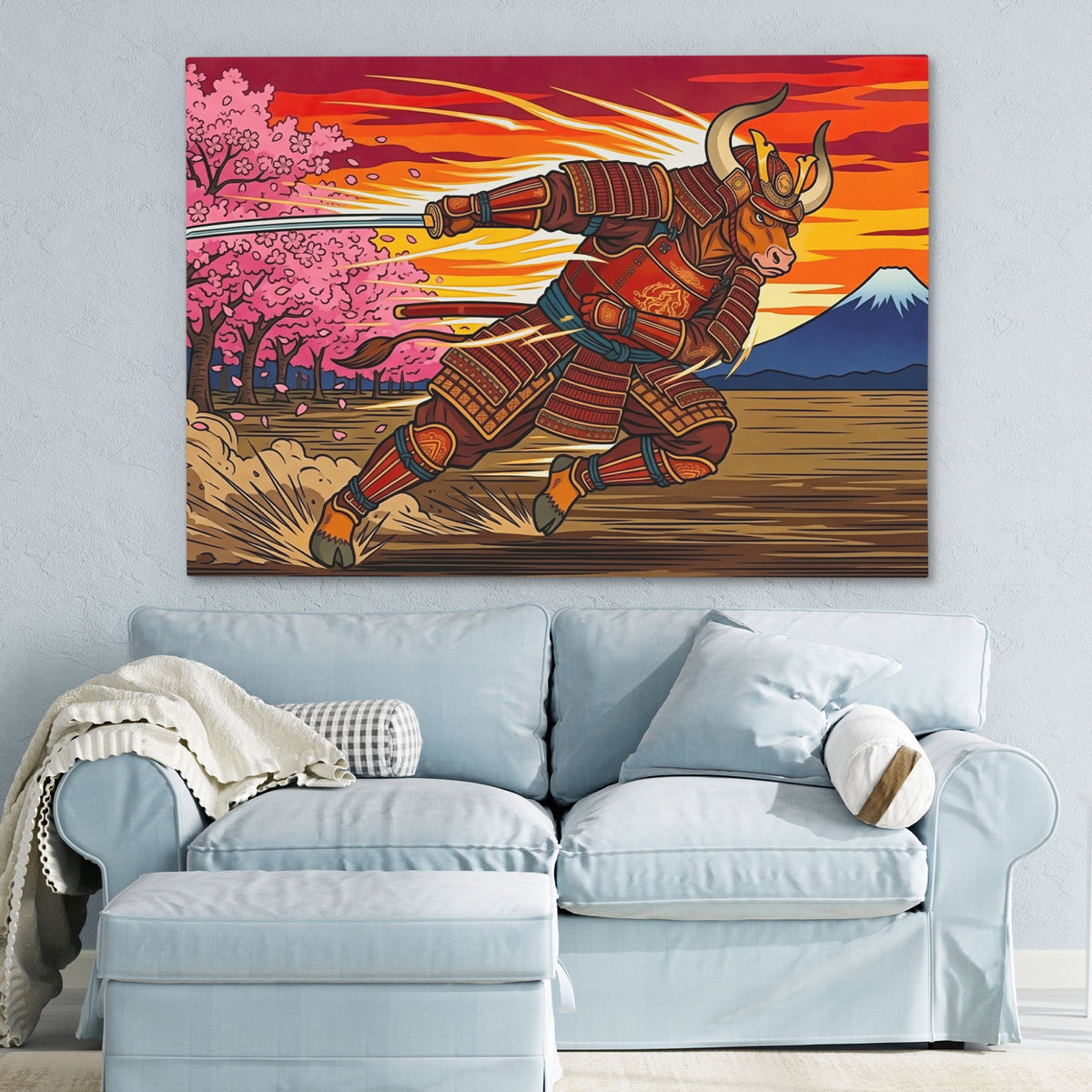 Samurai Bull Charging — Samurai Bull Charging Blue Pastel Couch 8
