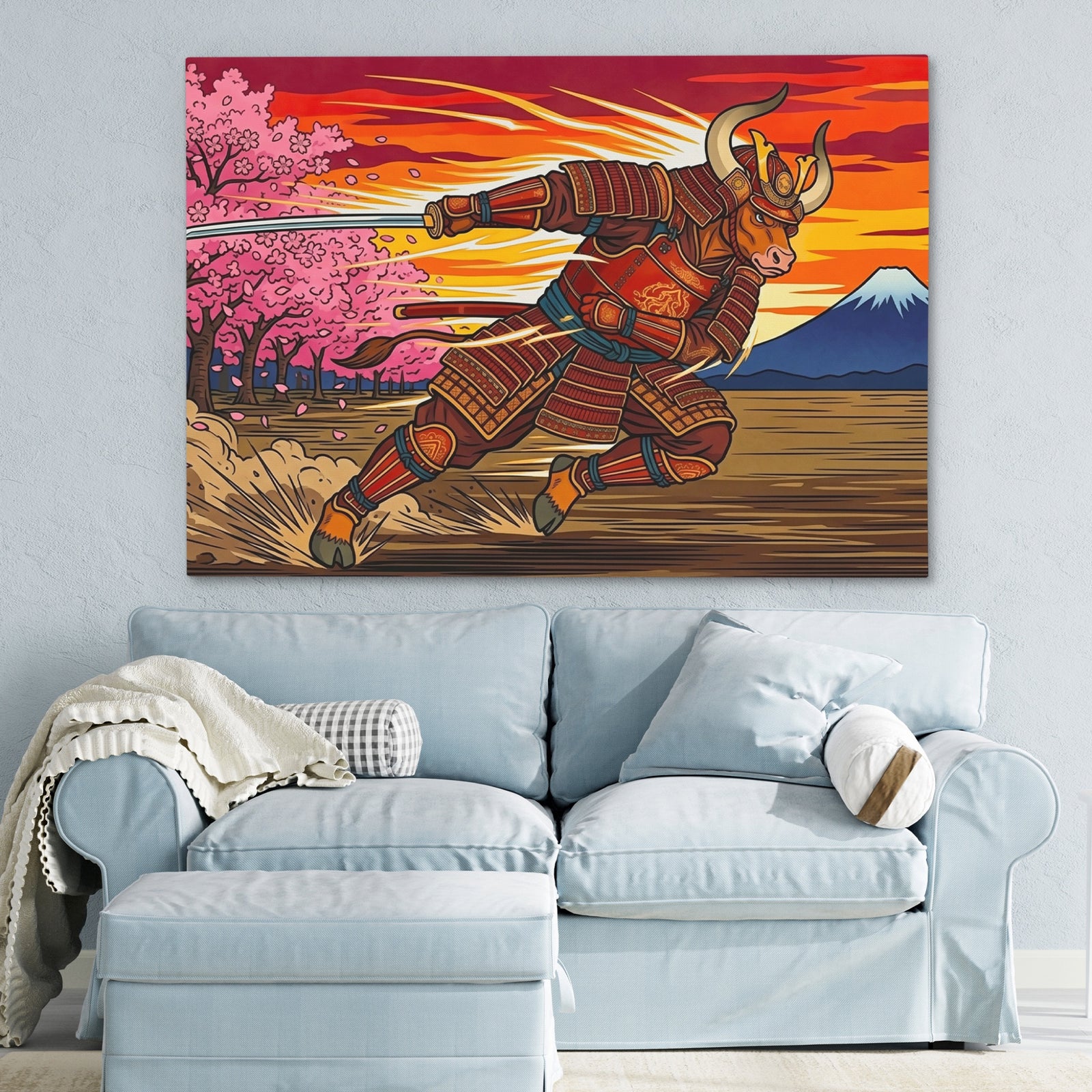 Samurai Bull Charging canvas wall art