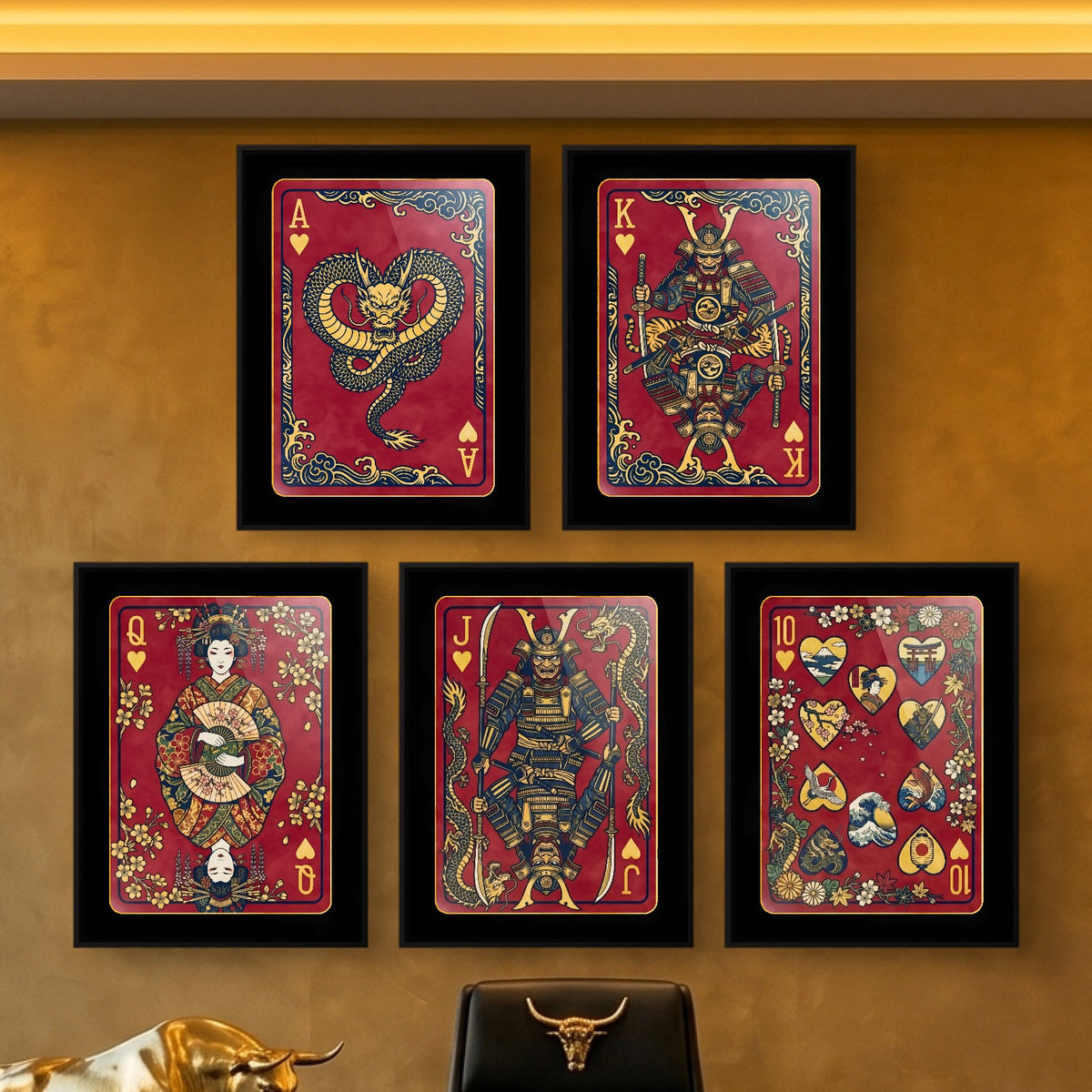 Samurai Hearts Royal Flush framed set in a gold office
