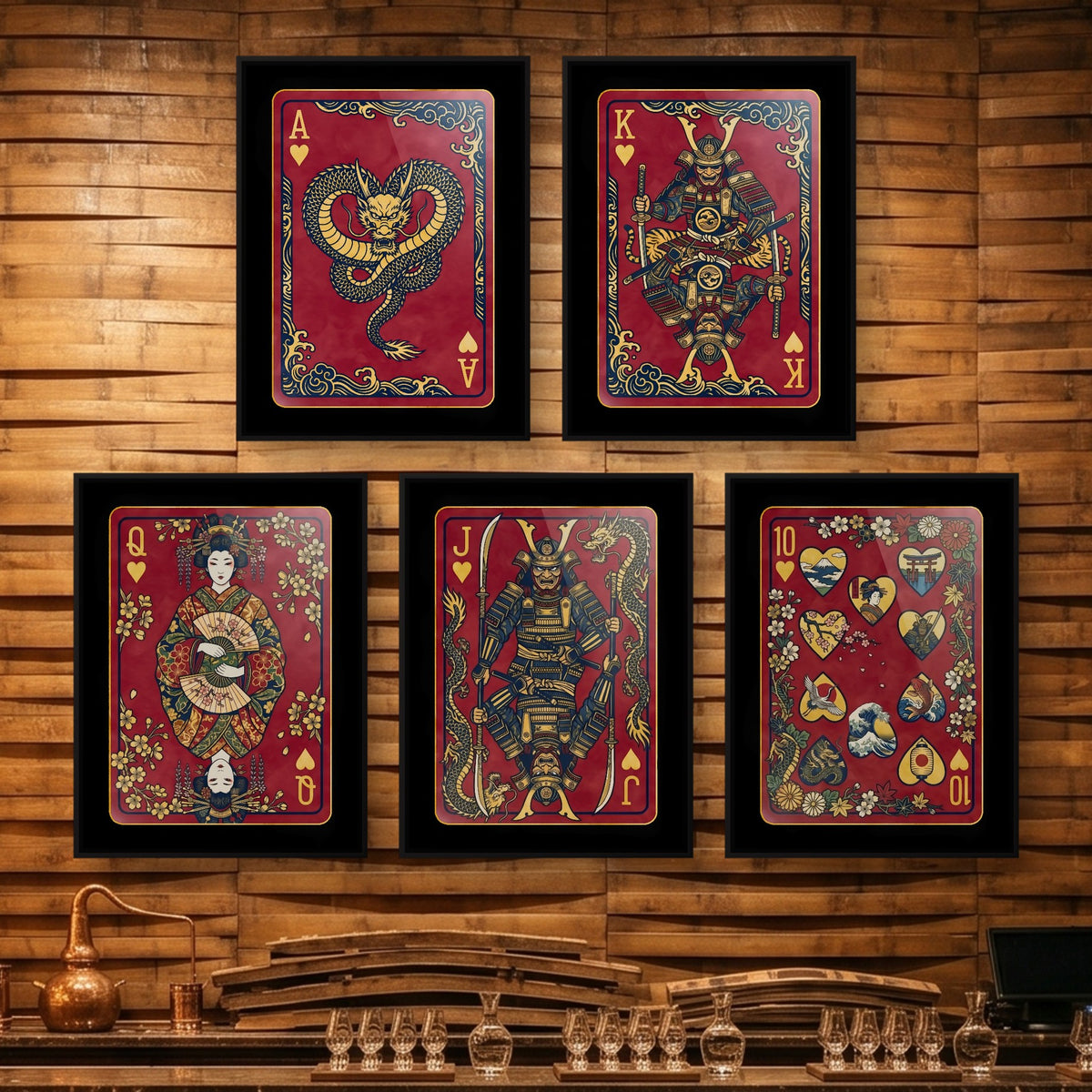 Samurai Hearts Royal Flush framed set on a wooden bar wall