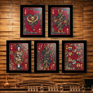 Samurai Hearts Royal Flush framed set on a wooden bar wall