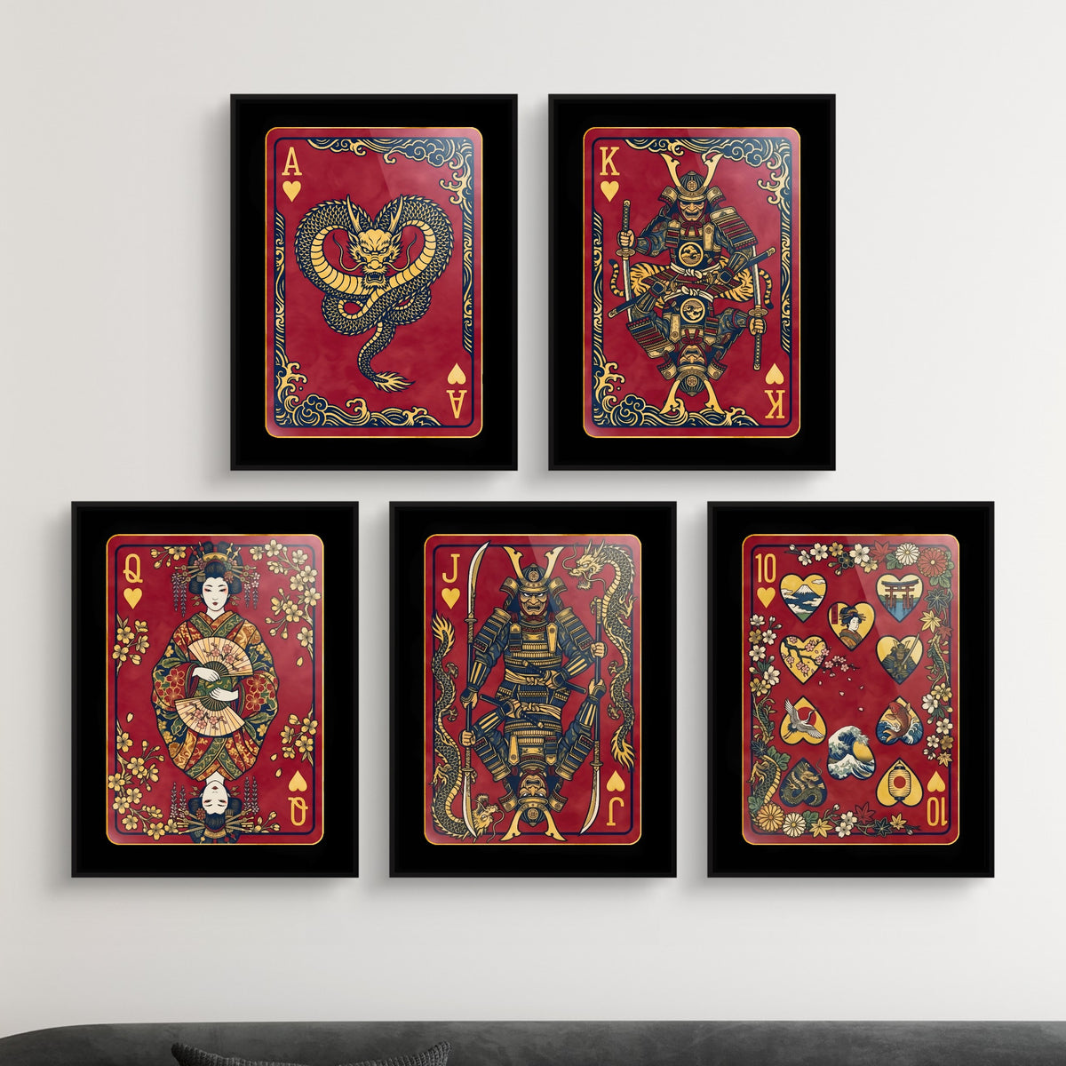 Samurai Hearts Royal Flush framed set in a modern lounge