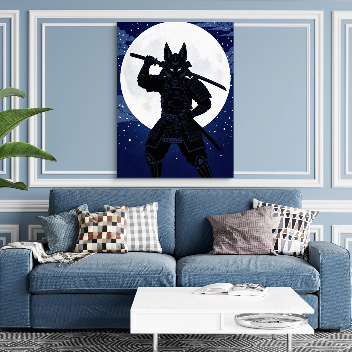 Samurai Lunar Guardian — samurai lunar guardian sq blue room and walls 1port flush print