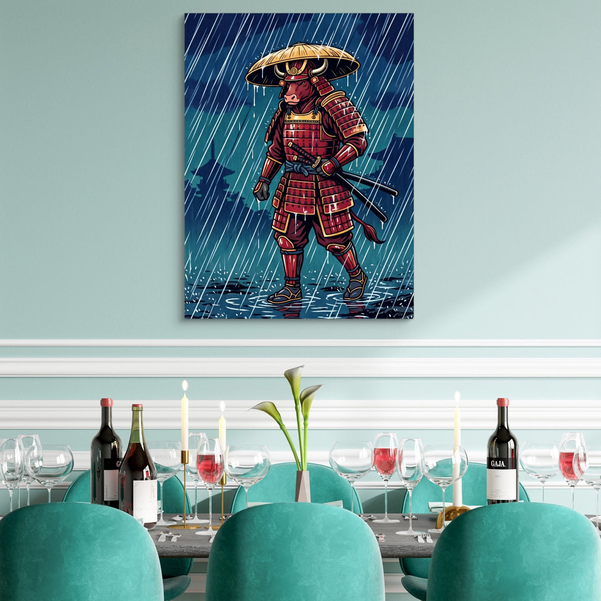Samurai Rainy Vigil — samurai rainy vigil sq teal dining room 1port flush print