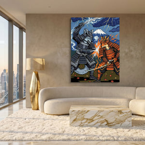 Samurai Wolves Clash — samurai wolves clash sq white gold lux 1port flush print