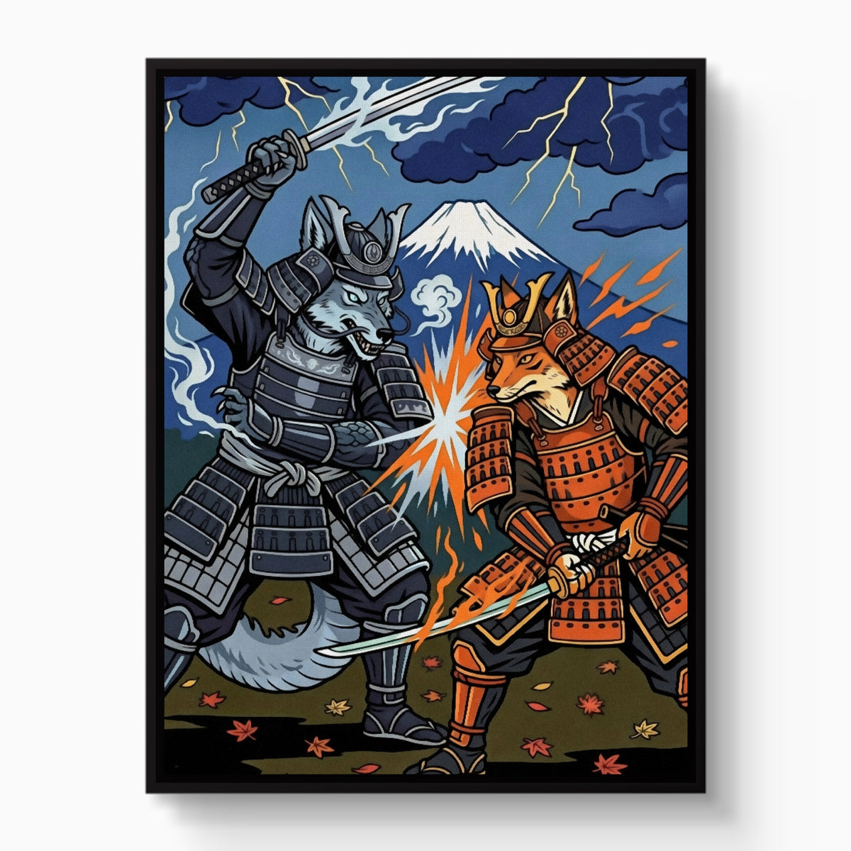 Samurai Wolves Clash — samurai wolves clash white studio framed black