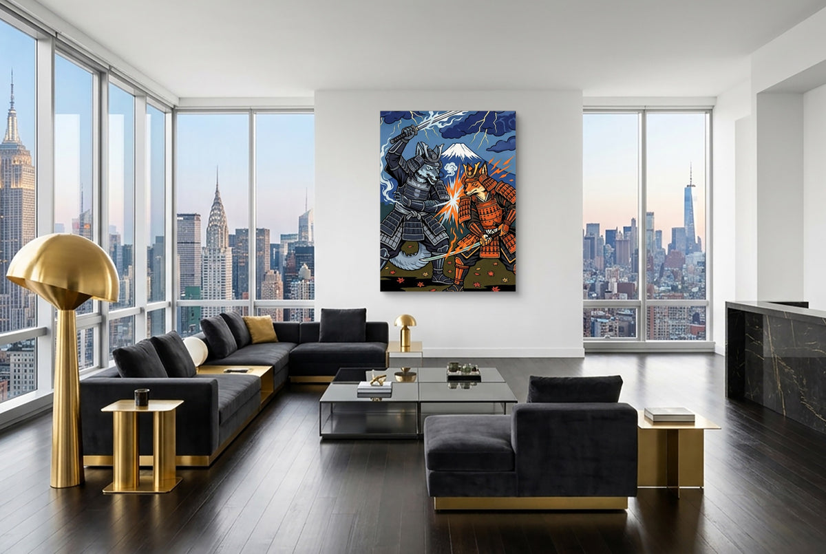 Samurai Wolves Clash — samurai wolves clash modern living room interior 4 1port flush print
