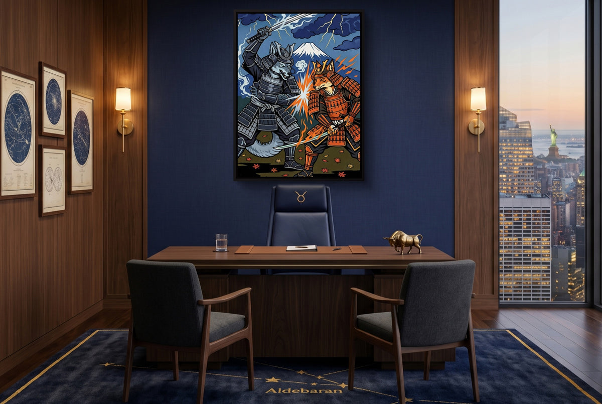 Samurai Wolves Clash — samurai wolves clash office with city view 1port framed black