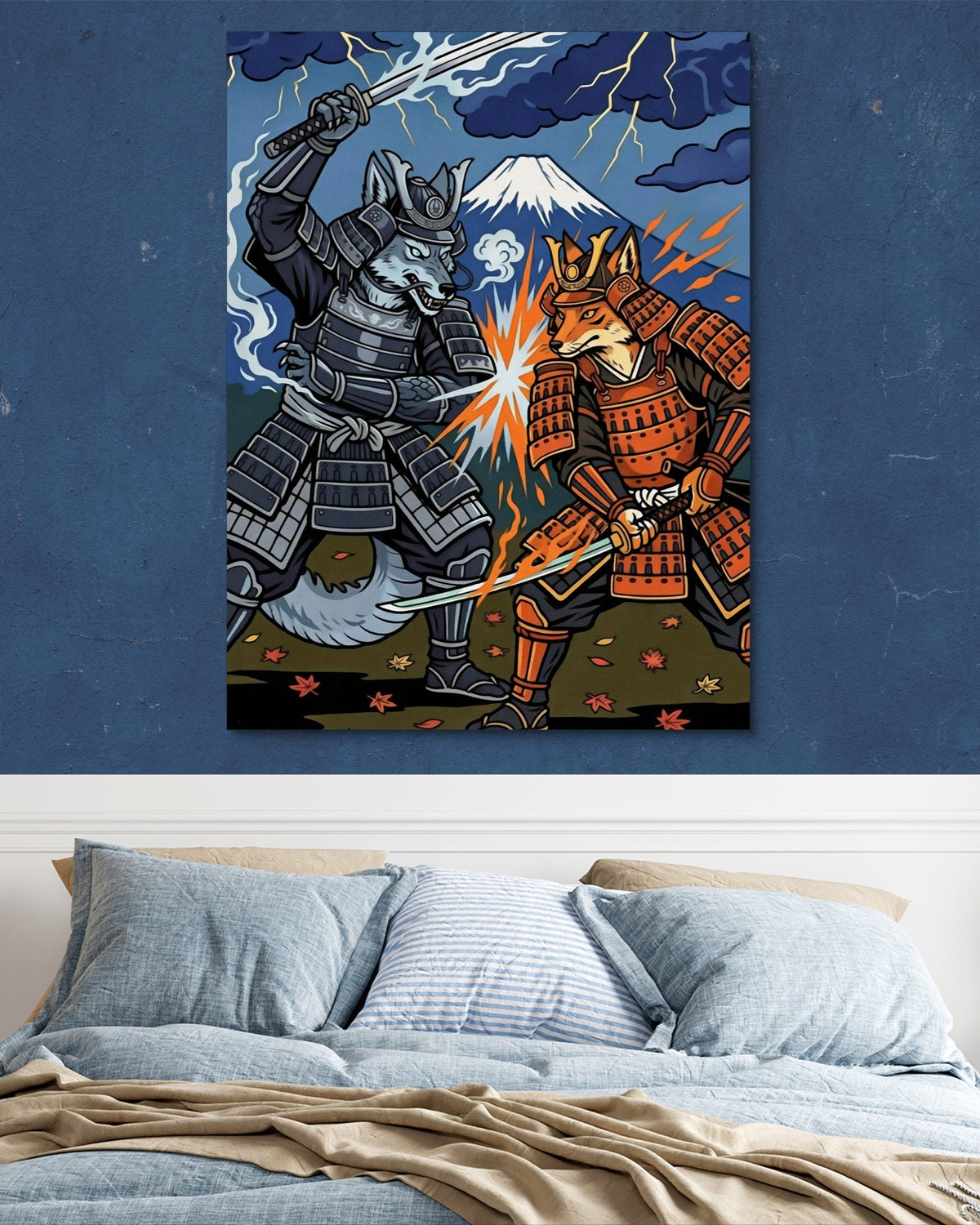 Samurai Wolves Clash — samurai wolves clash psd navy blue bedroom 1port flush print