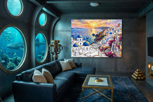 Santorini Sunset Glow — santorini sunset glow underwater themed living room 1land flush print