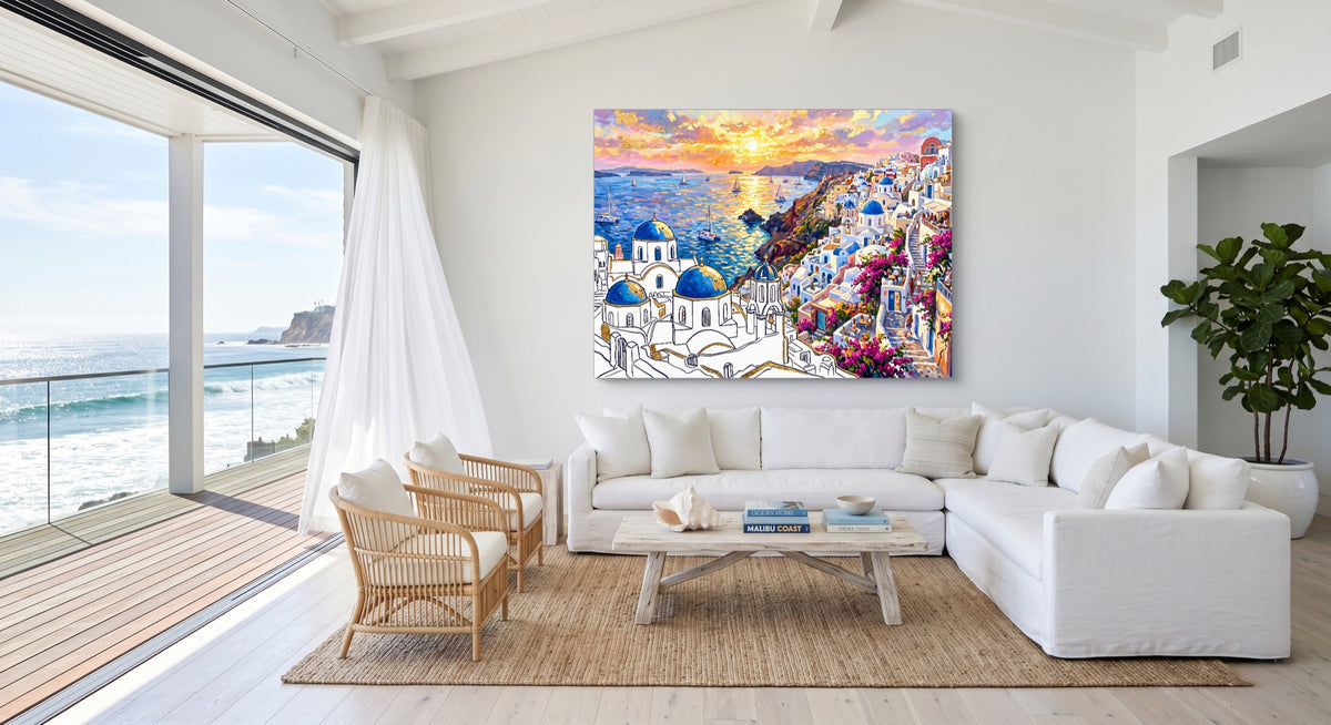 Santorini Sunset Glow — santorini sunset glow beachside villa 1land flush print