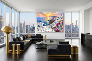 Santorini Sunset Glow — santorini sunset glow modern living room interior 4 1land flush print