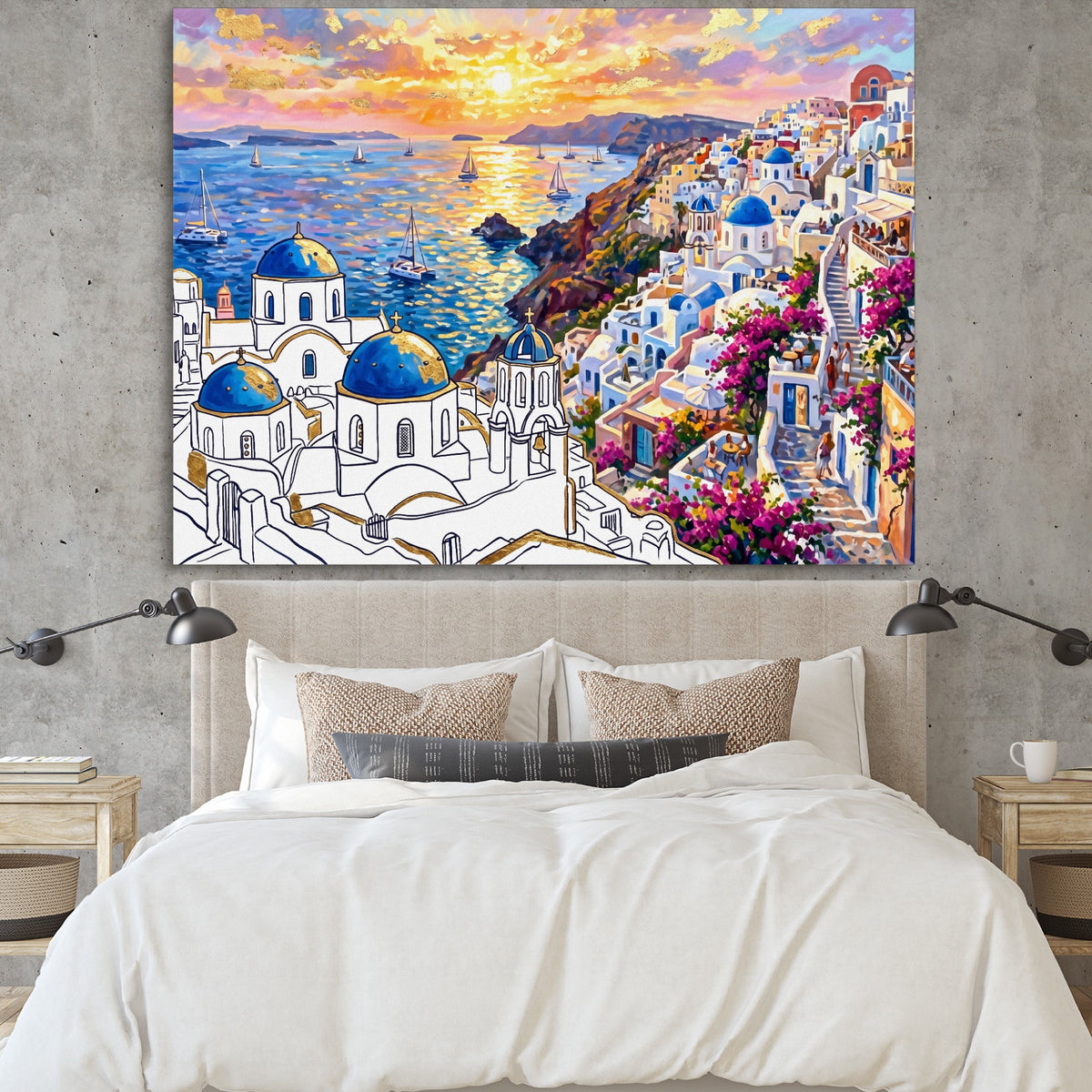 Santorini Sunset Glow — santorini sunset glow sq bedroom cement wall 1land flush print