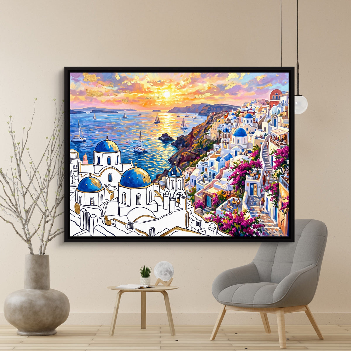 Santorini Sunset Glow — santorini sunset glow sq beige wall 1land framed black