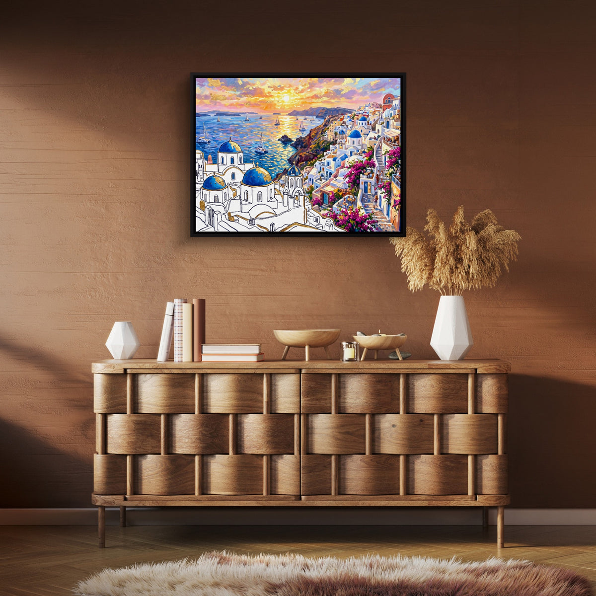 Santorini Sunset Glow — santorini sunset glow sq brown room clean 1land framed black